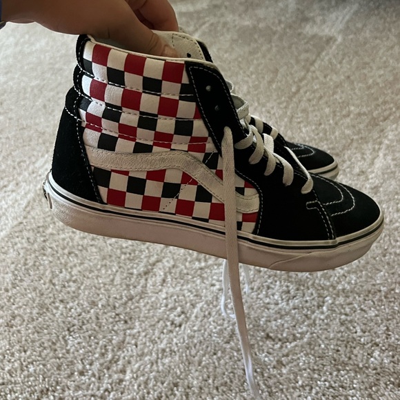 Vans high top with black/white/red checker. Barely worn. Size 9. - Picture 3 of 4